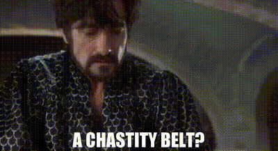 A surprised man saying ‘A chastity belt?’