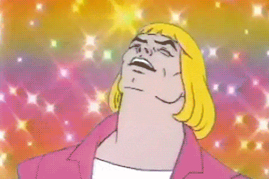 He-man shaking his head back and forth with rainbow sparkles in the background