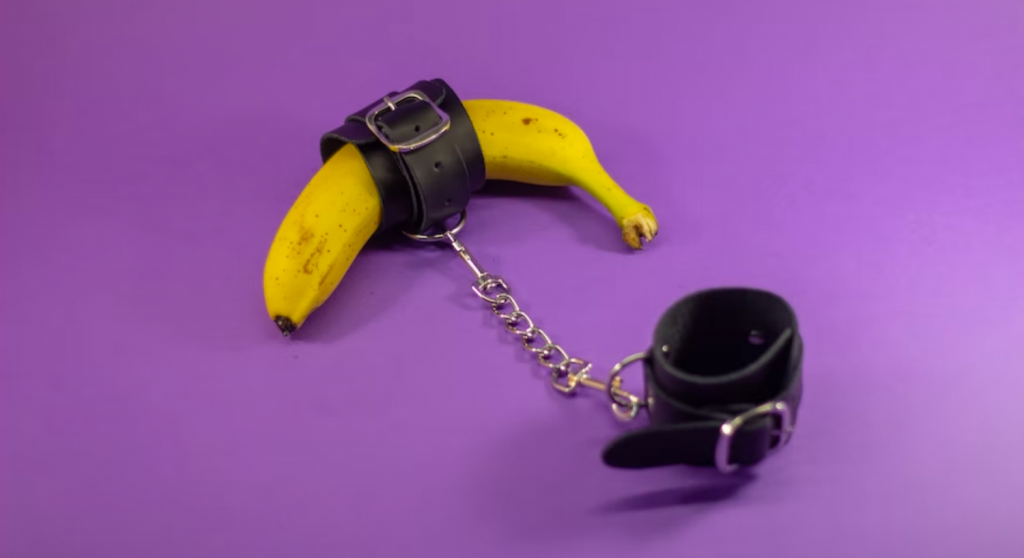 A banana bound in handcuff