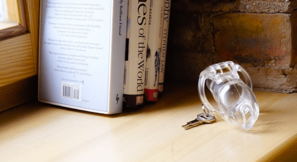 A chastity cage for penis on a book shelf