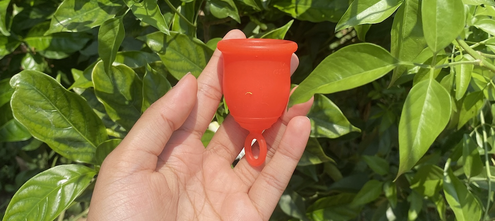 hand holding the Asan menstrual cup against some leaves