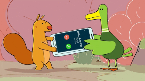An animated gif showing a duck and a squirrel holding a smartphone that vibrates with a call.