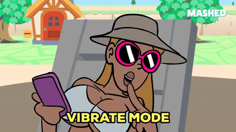 An animated character lying back and relaxing in the sun, accompanied by the text 'Vibrate Mode